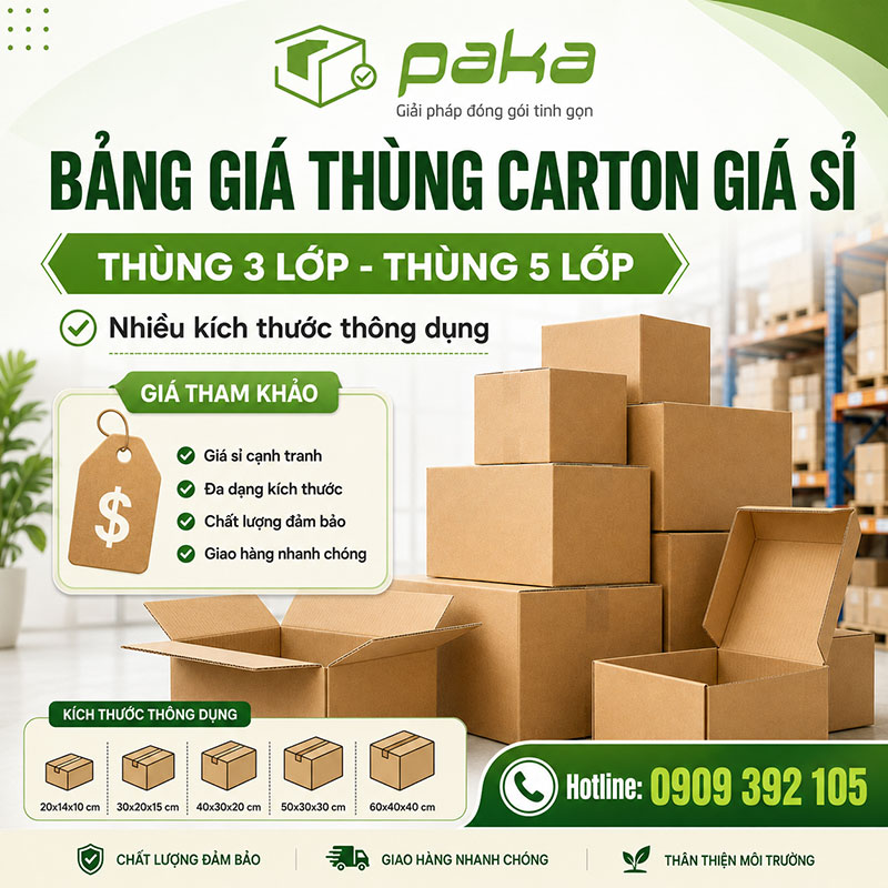 Bảng giá thùng carton giá sỉ tại Paka – Thùng 3 lớp, 5 lớp